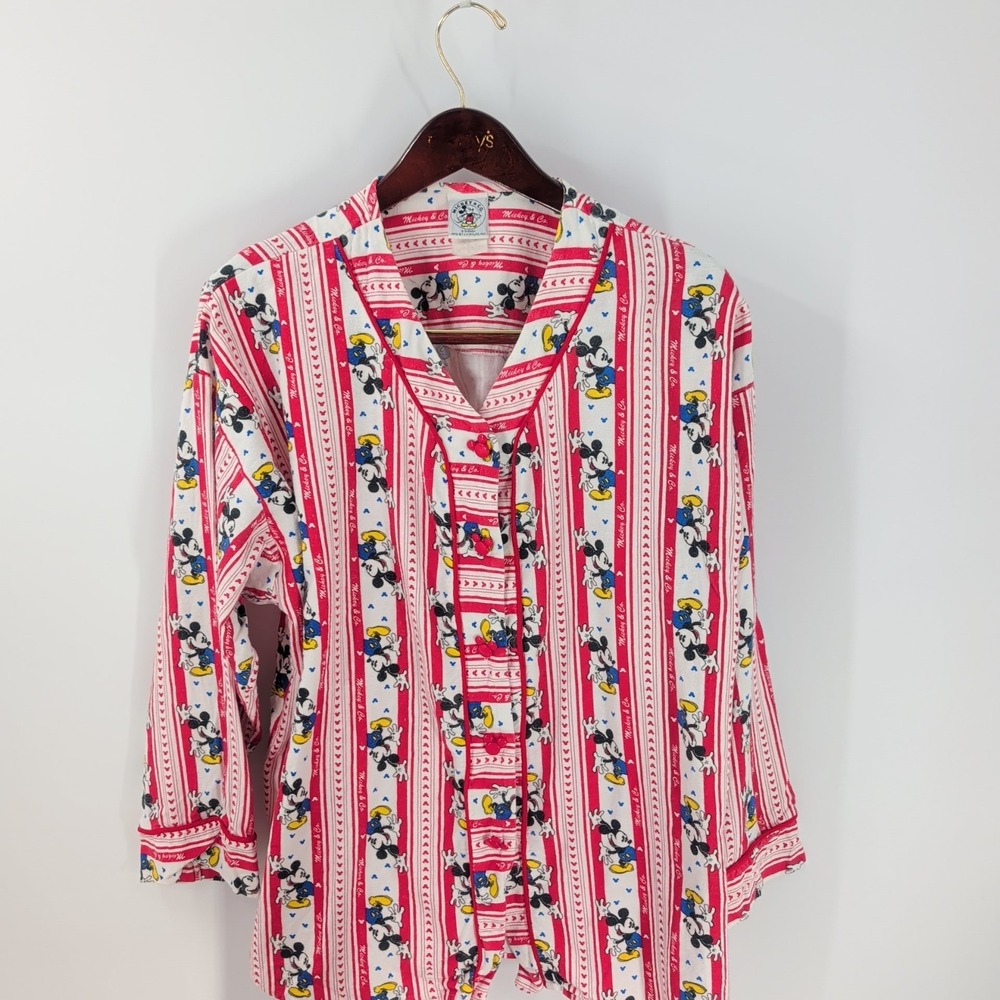 Vtg Mickey & Co.‎ Disney V-Neck Mickey Mouse Print Button Front Top Pajama Top